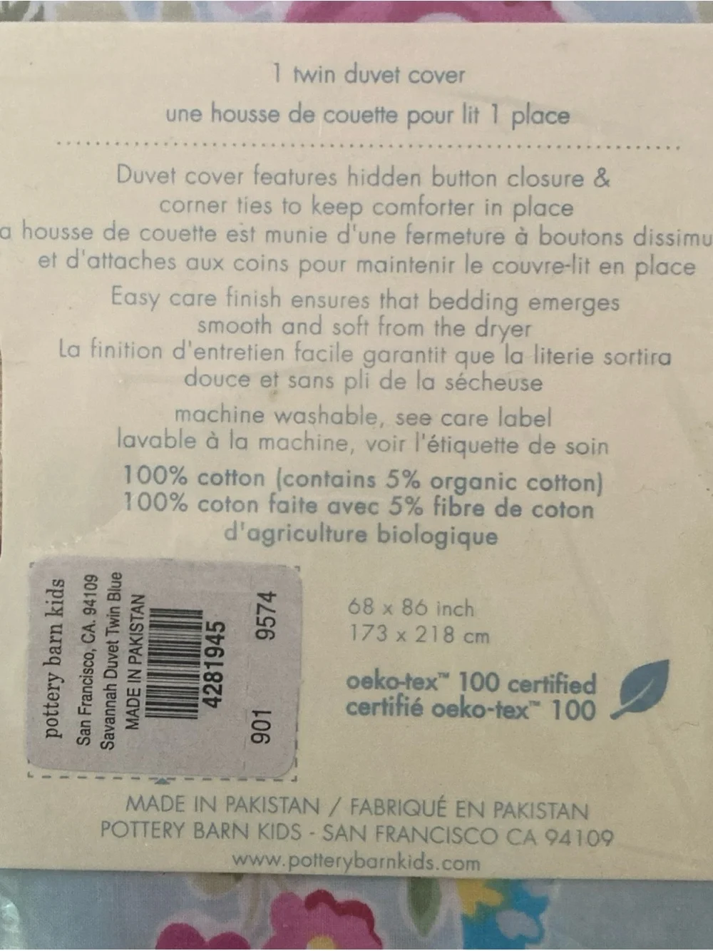 NWT Pottery Barn Kids Savannah Floral Duvet Cover in Light Blue, Pink twin size